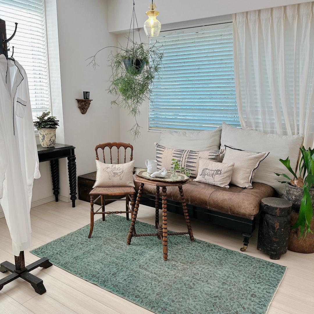 トルコヴィンテージラグ A78 ペールブルー ターコイズ オーバーダイラグ