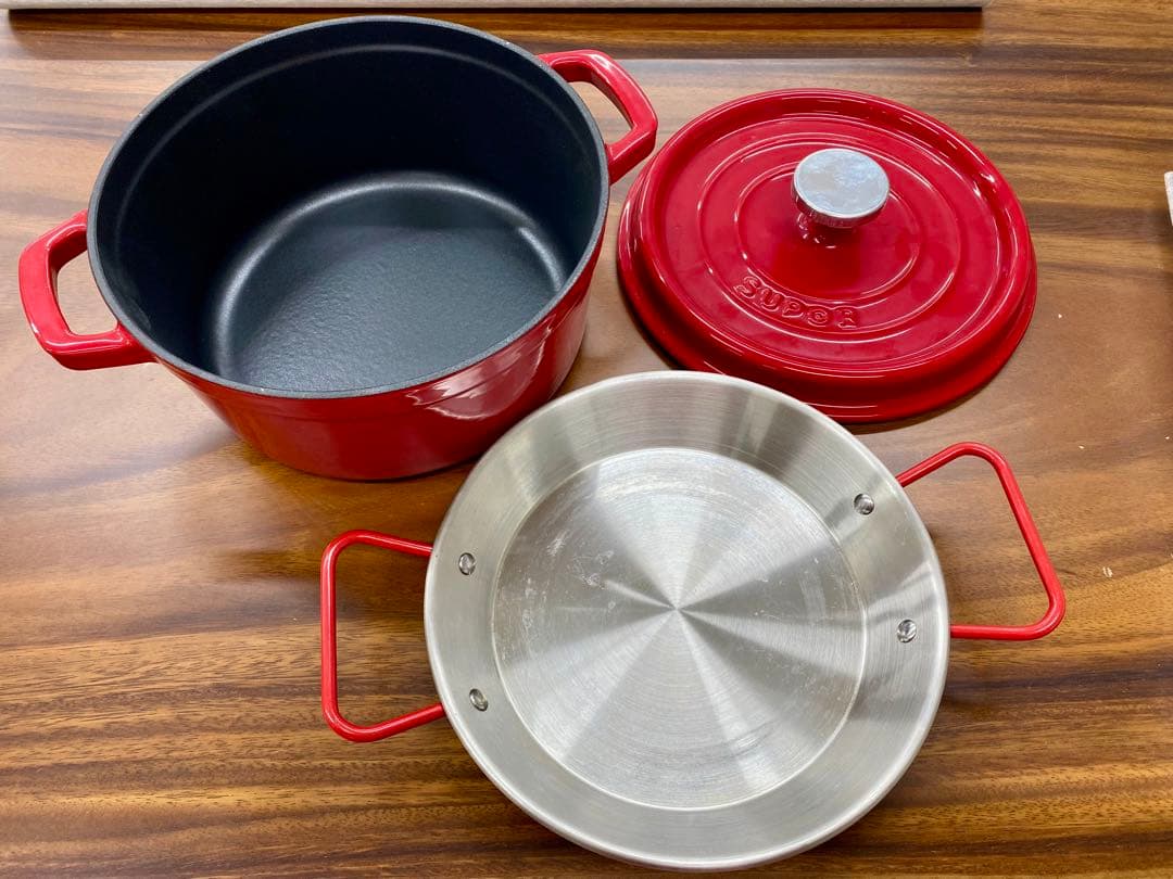 【美品】SUPOR 赤 鋳鉄鍋/スープ鍋/電磁炉鍋ステンレスフライパン2点セット