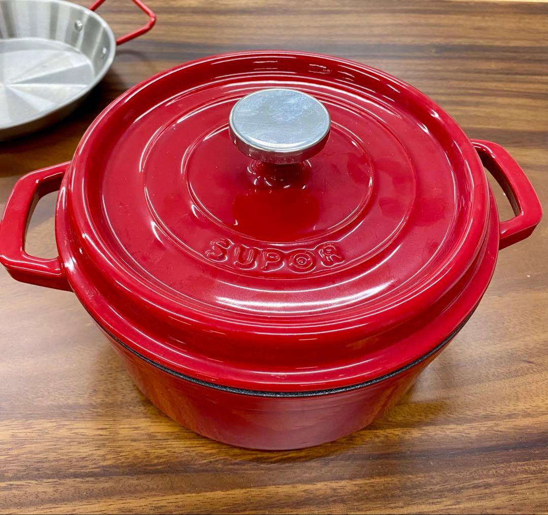 【美品】SUPOR 赤 鋳鉄鍋/スープ鍋/電磁炉鍋ステンレスフライパン2点セット