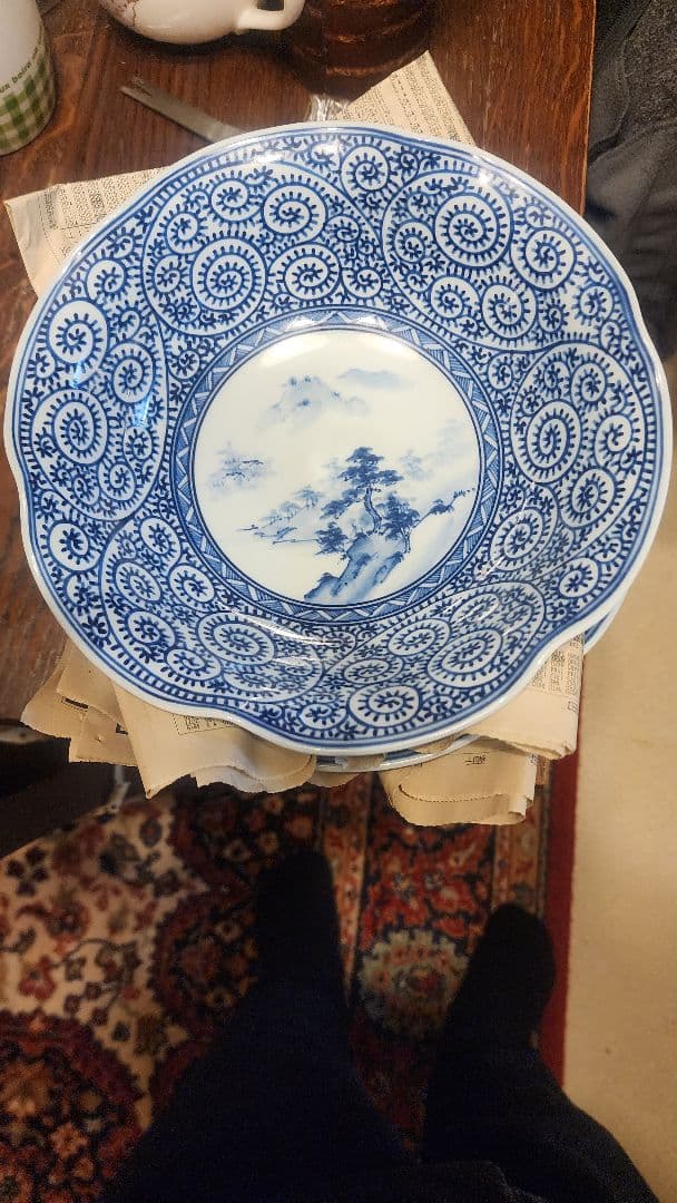 伐太郎窯　染付　濃唐草　見込枚水　輪花7寸鉢　3枚　値引き中