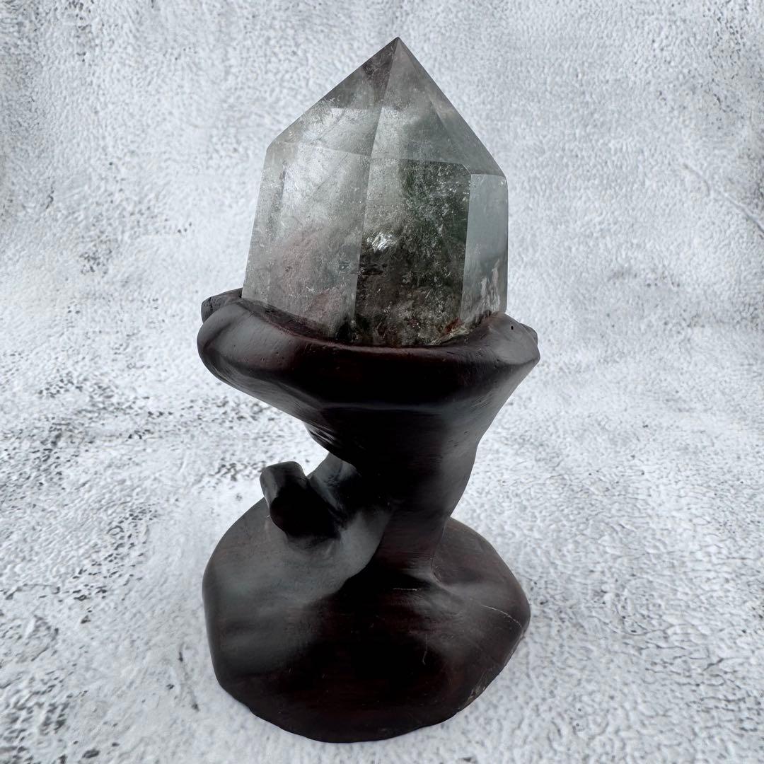 G-5ガーデンクォーツ原石　ポイント　天然石　クリスタル　木の台座付き