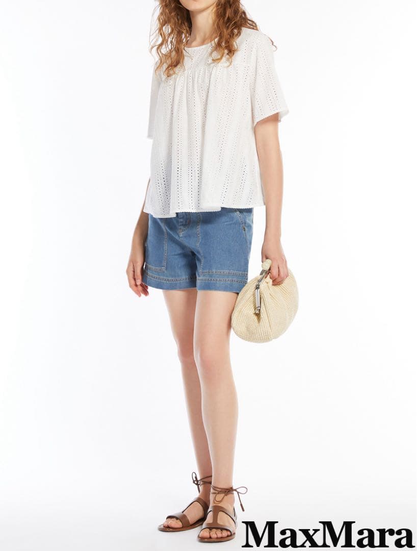 マックスマーラ コンビ素材 カットワーク刺繍ブラウス ホワイト