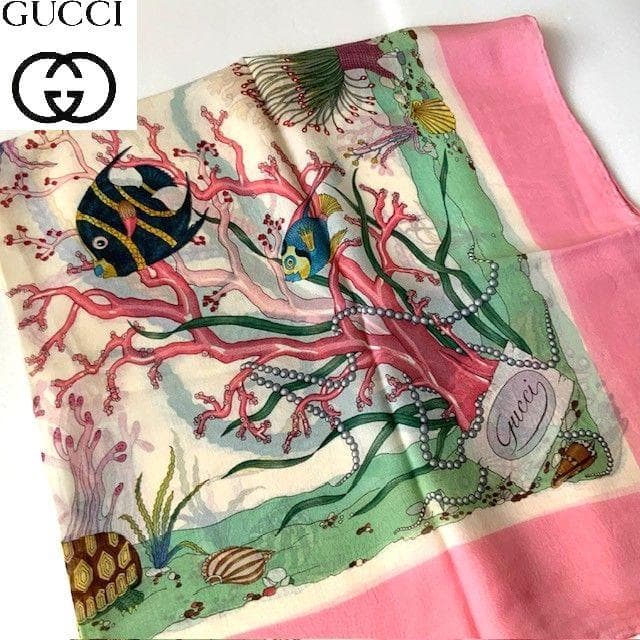 GUCCI ヴィンテージ 海洋生物 サンゴ柄 シルクモスリン シフォン スカーフ