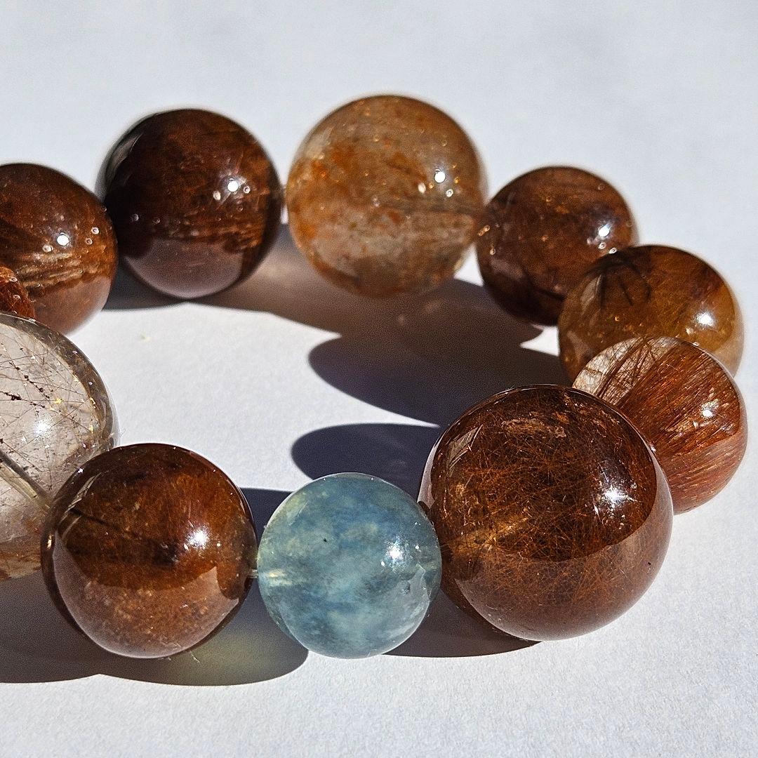 ブラウンルチルクォーツ×アクアマリン　ブレスレット　天然石　一点物　キラキラ