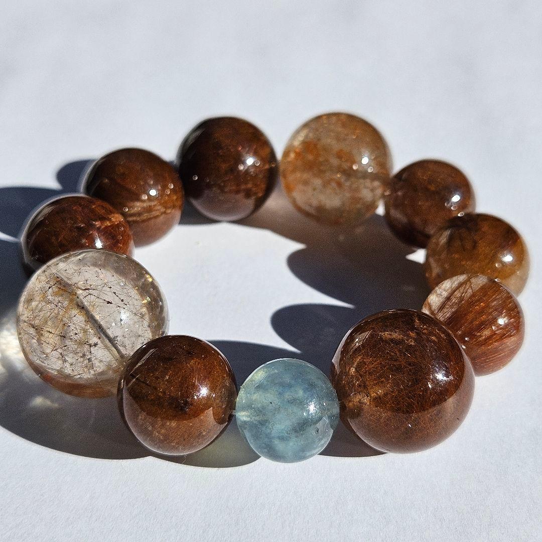 ブラウンルチルクォーツ×アクアマリン　ブレスレット　天然石　一点物　キラキラ