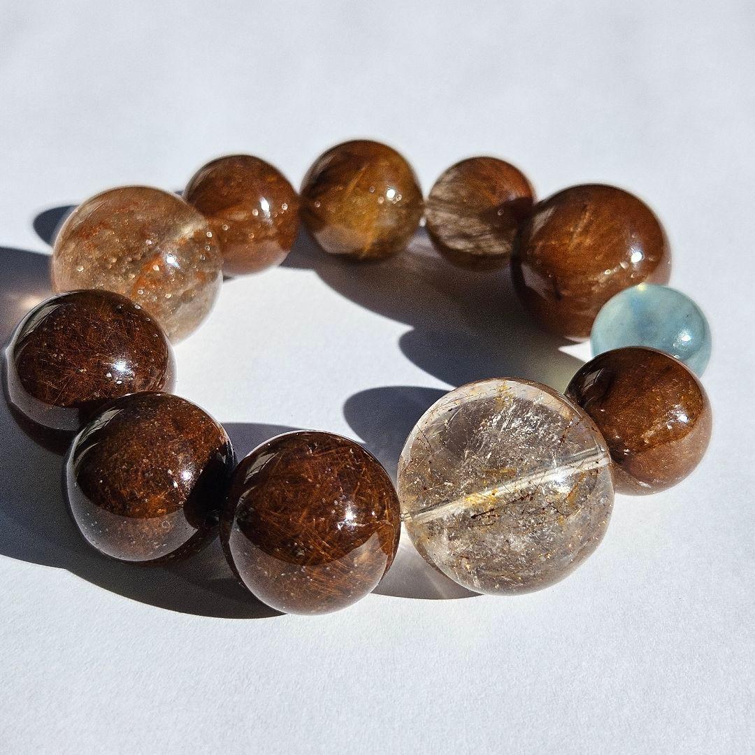 ブラウンルチルクォーツ×アクアマリン　ブレスレット　天然石　一点物　キラキラ