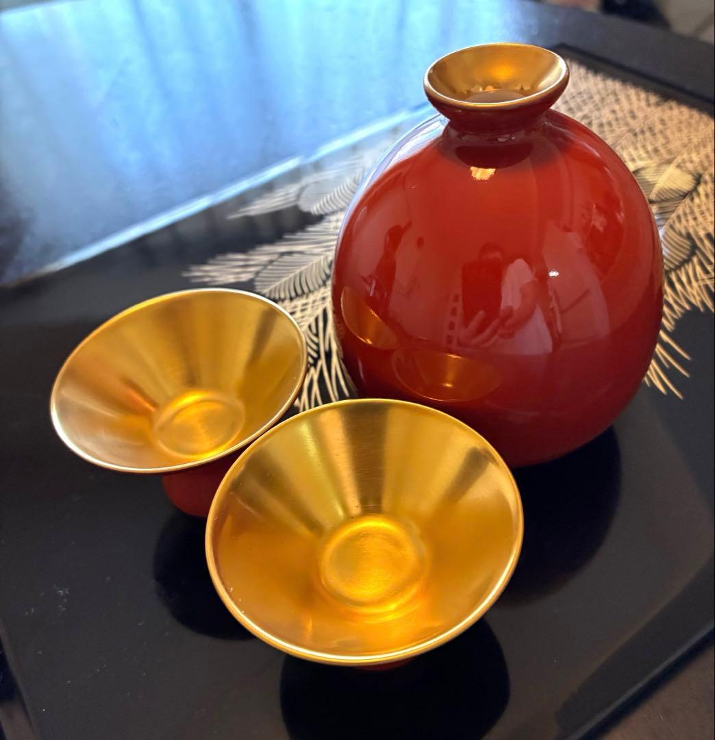 【希少】深川製磁　酒器セット　朱　金　日本酒　箱あり　廃盤