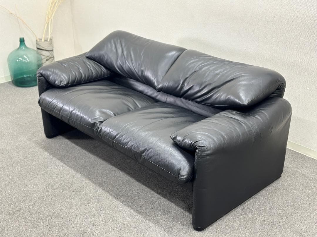 ヴィンテージ■カッシーナ■マラルンガ　2人掛け　ソファ　本革　ブラック　Cタグ