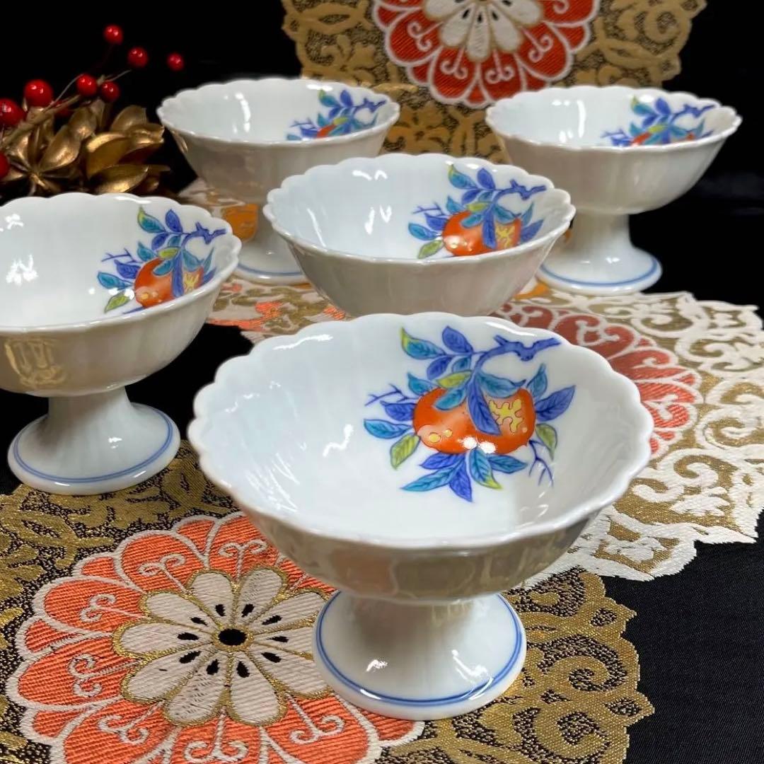 ◉様々な設えに◉ 賞美堂 其泉 青白磁 菊割 色絵柘榴 高台小鉢 セット 向付