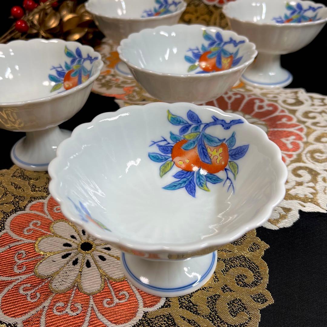 ◉様々な設えに◉ 賞美堂 其泉 青白磁 菊割 色絵柘榴 高台小鉢 セット 向付