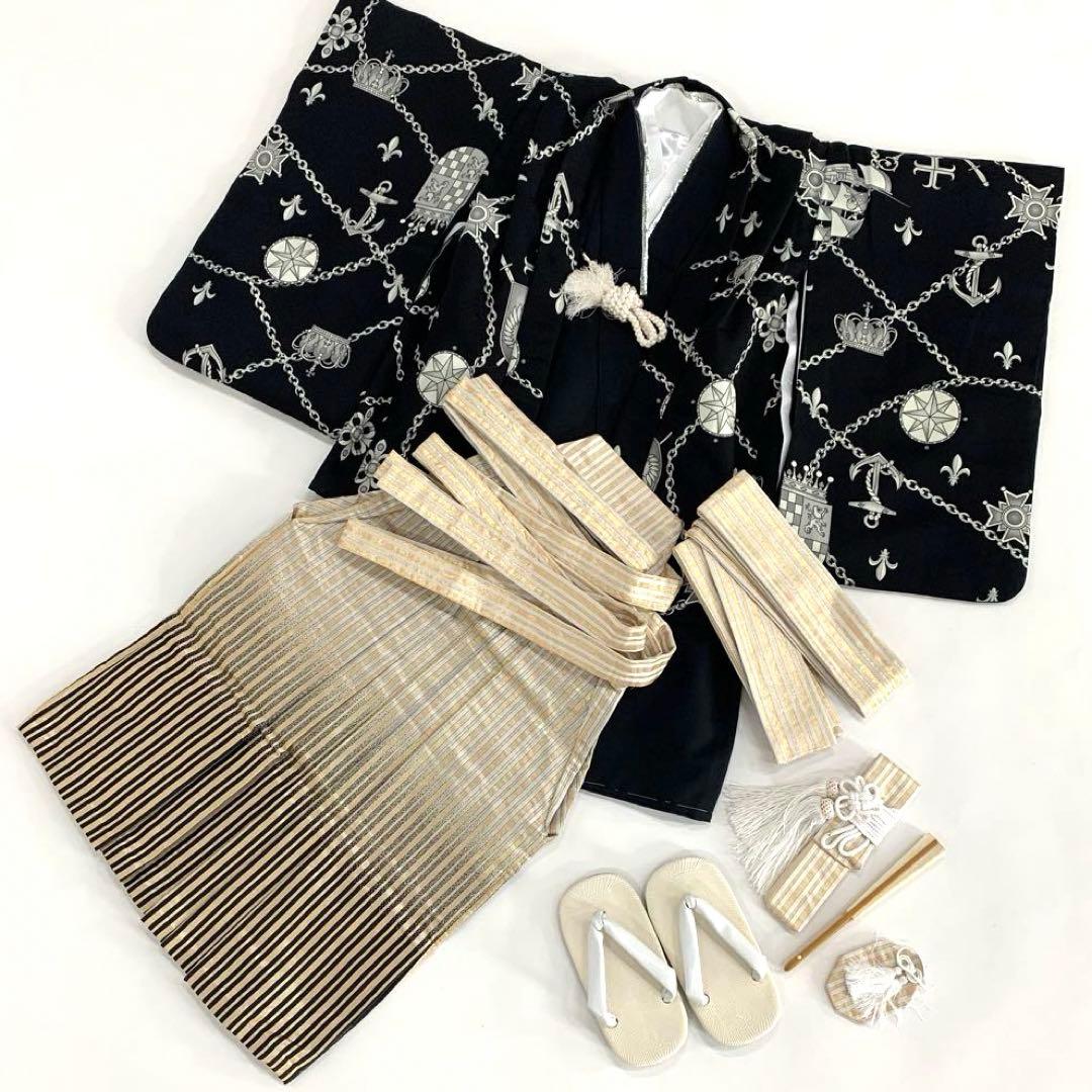 七五三 男の子 袴セット10点セット 3歳 記念 和装 黒×ゴールド