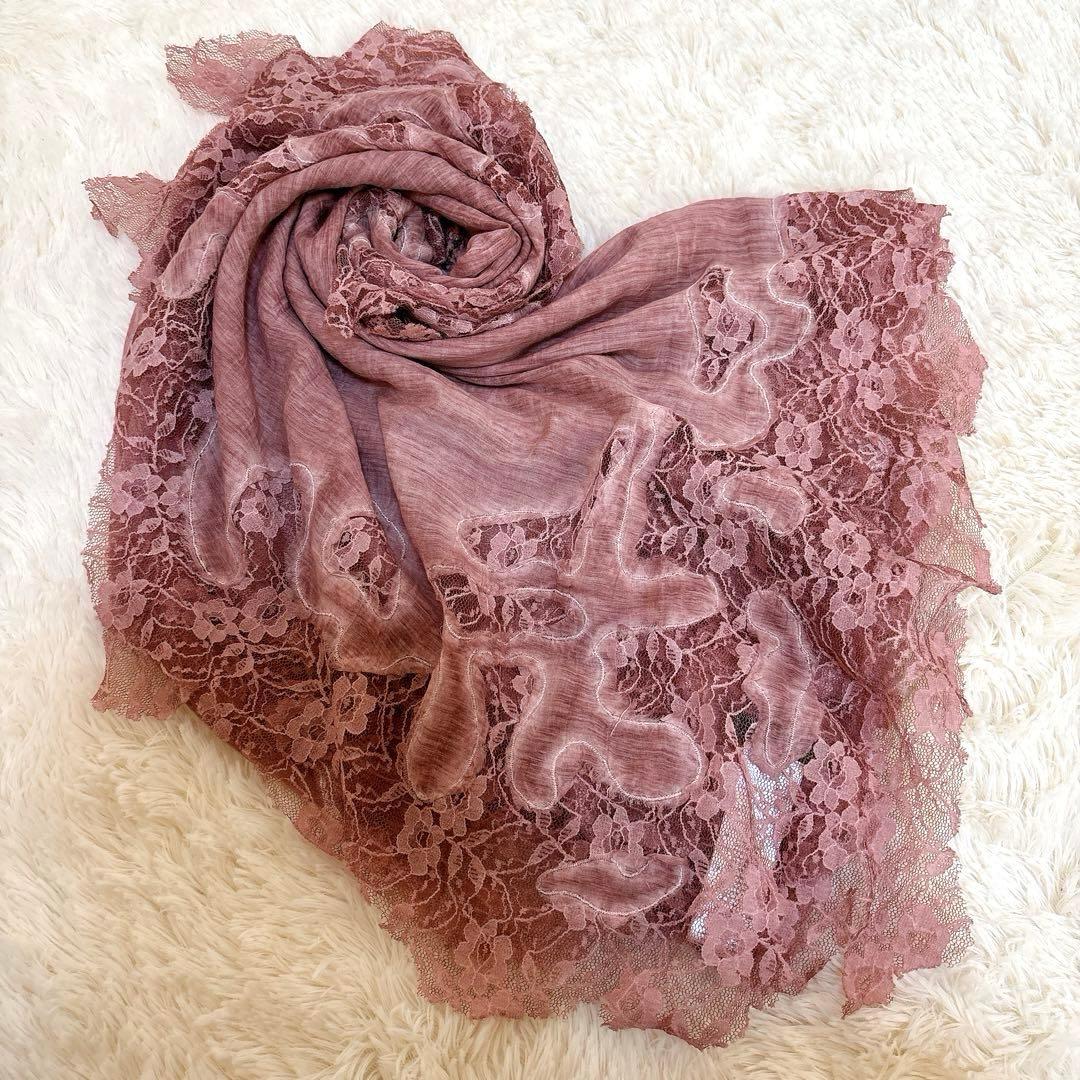 美品☆Faliero Sarti レース ストール ローズピンク フラワー 絹