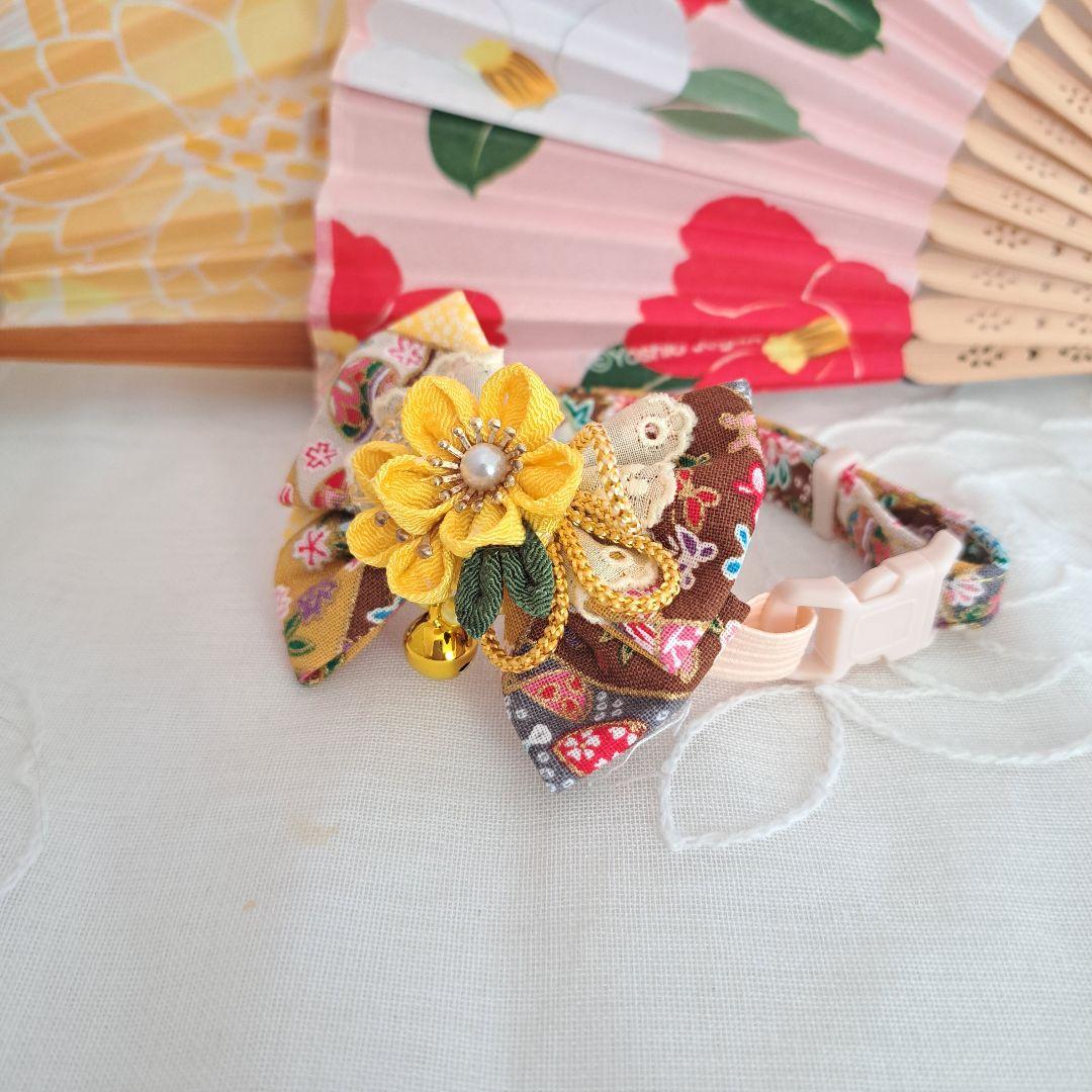 お正月、つまみ細工リボン(黄色)わんちゃん猫ちゃん用首輪