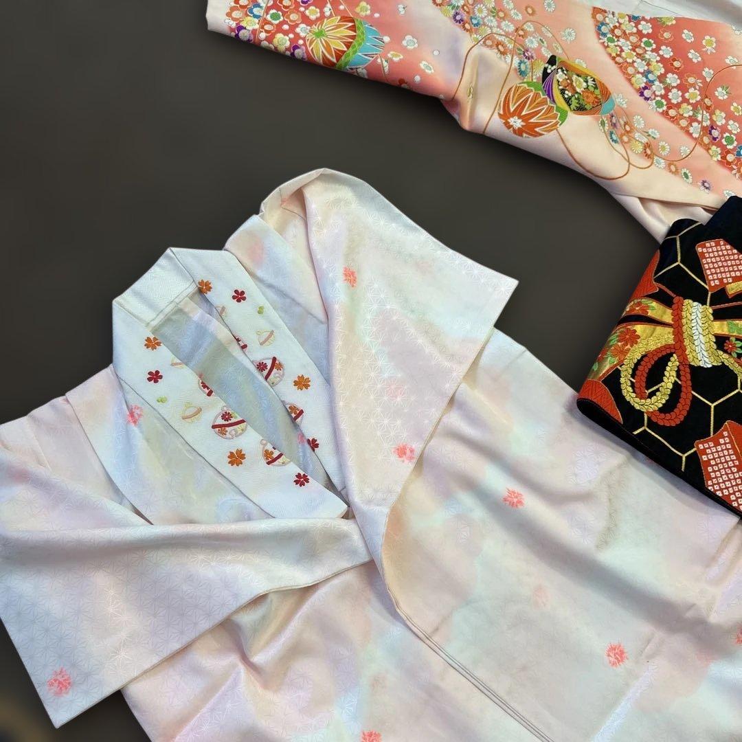 七五三用 女児着物 正絹　アンティークピンク 花柄　長襦袢　全通帯付き　7歳