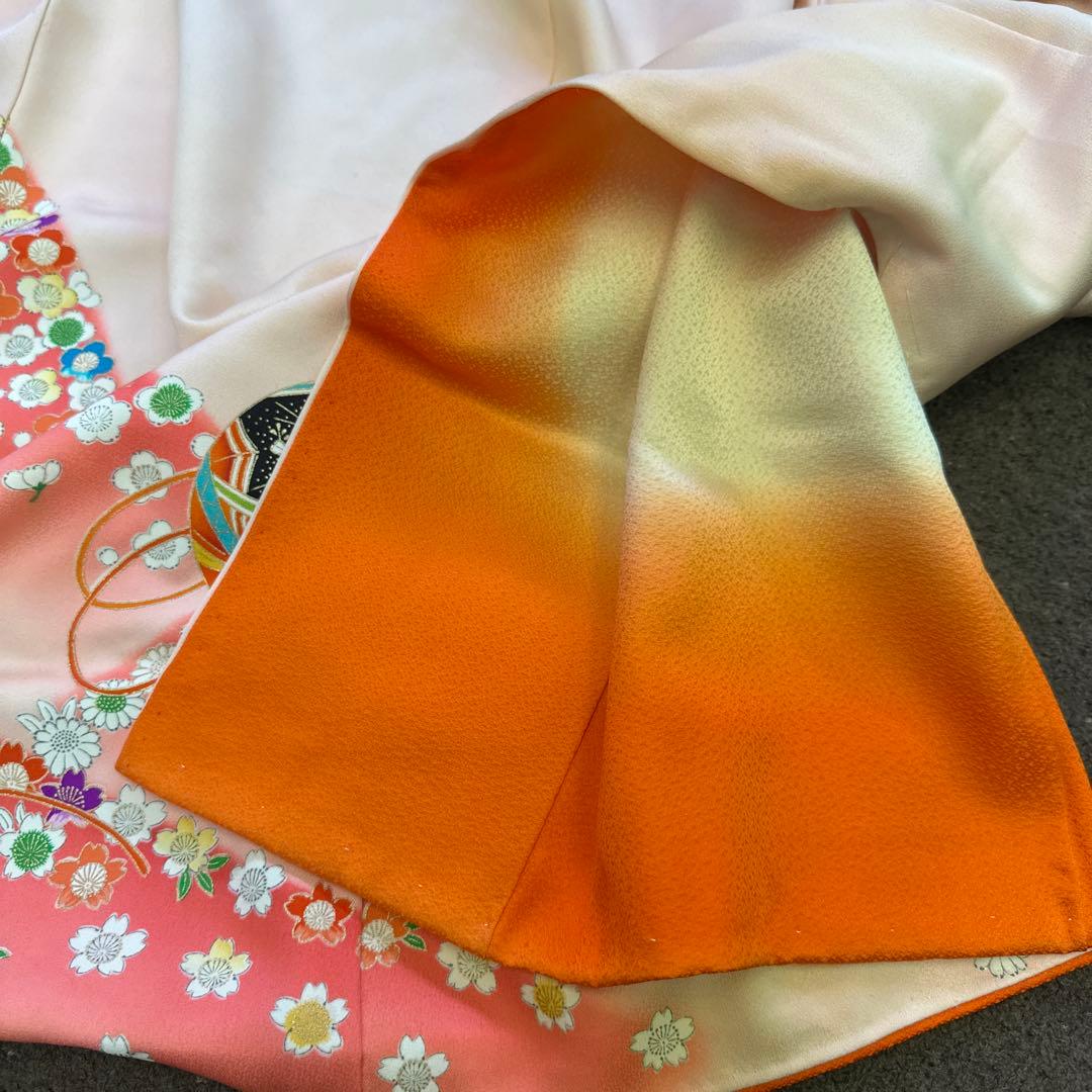 七五三用 女児着物 正絹　アンティークピンク 花柄　長襦袢　全通帯付き　7歳