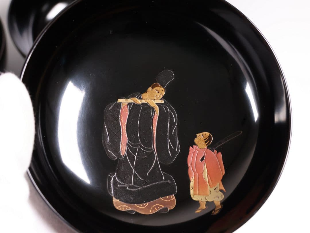 【MB196】輪島塗 天然木漆塗 黒塗椀 三客 蒔絵 大和絵 源氏絵 人物 昭和