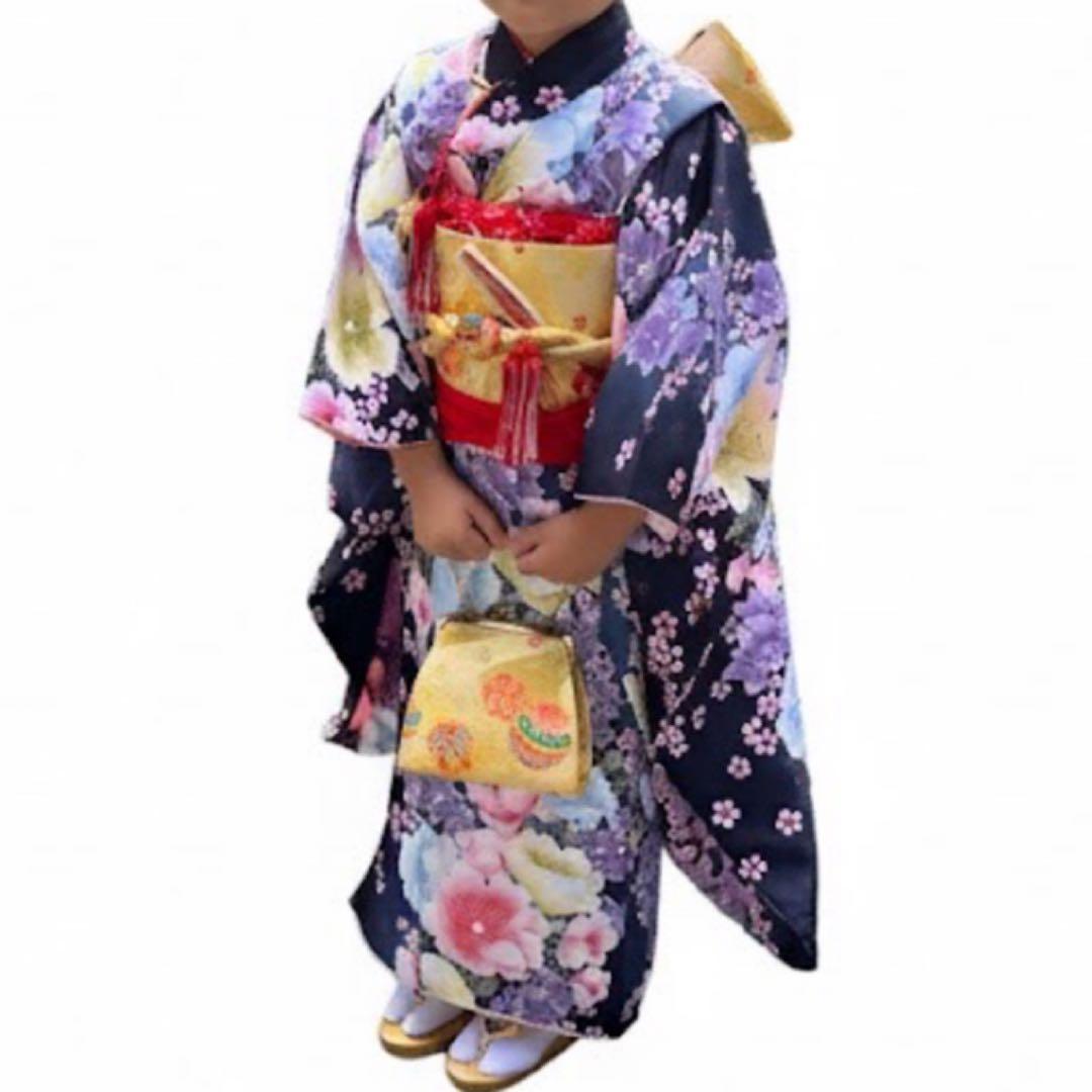 七五三　7歳　女の子　紫　青　四つ身　着物　作り帯　セット　753 七歳