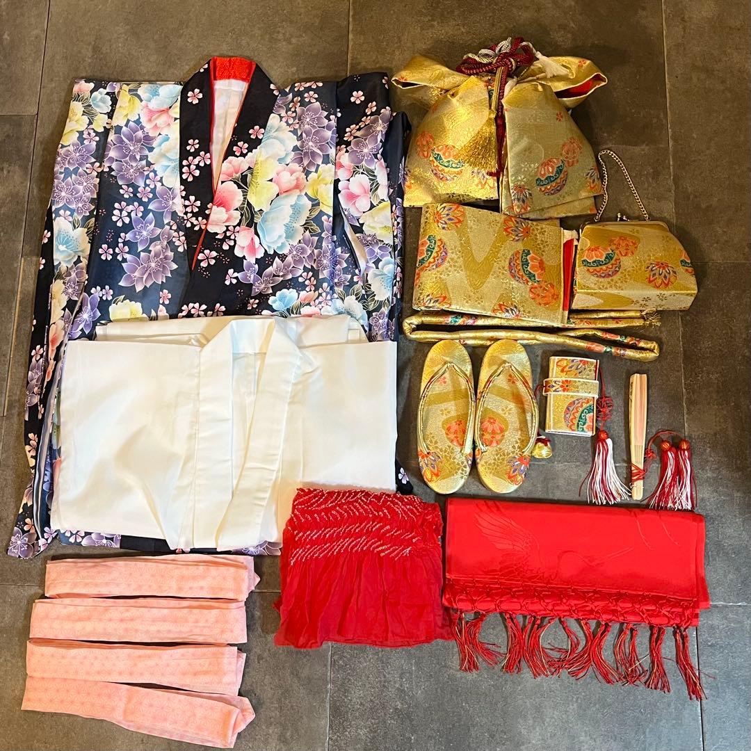 七五三　7歳　女の子　紫　青　四つ身　着物　作り帯　セット　753 七歳