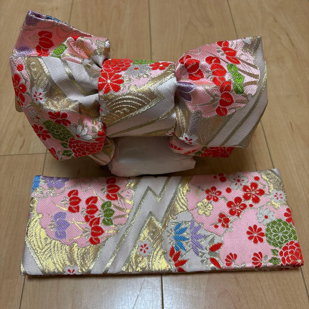 122 正絹着物　赤×蝶々×花車　七五三着物セット　3歳　日本製　結び帯