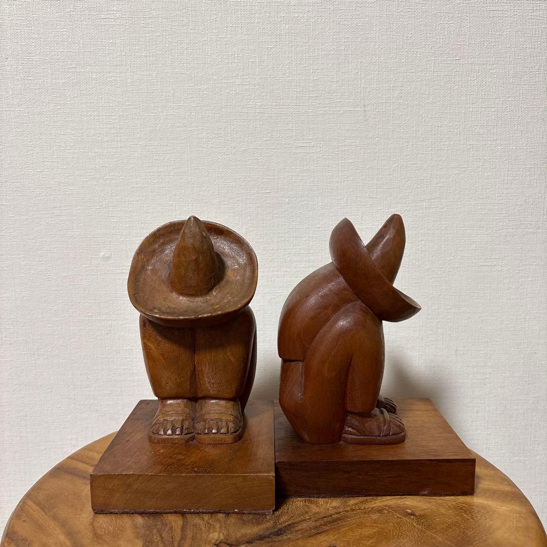 ヴィンテージ メキシコ 作家もの 木彫り 彫刻 ブックエンド インテリア 置物