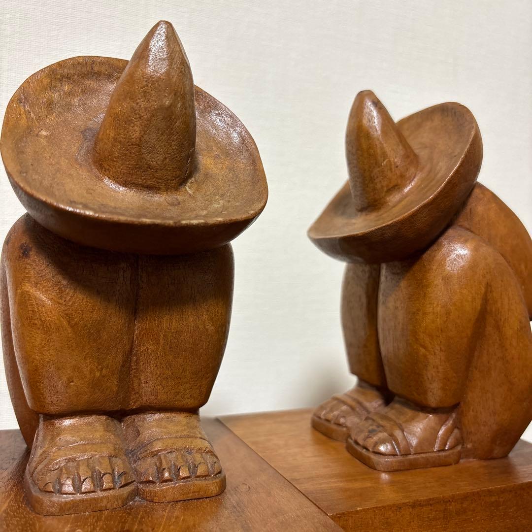 ヴィンテージ メキシコ 作家もの 木彫り 彫刻 ブックエンド インテリア 置物
