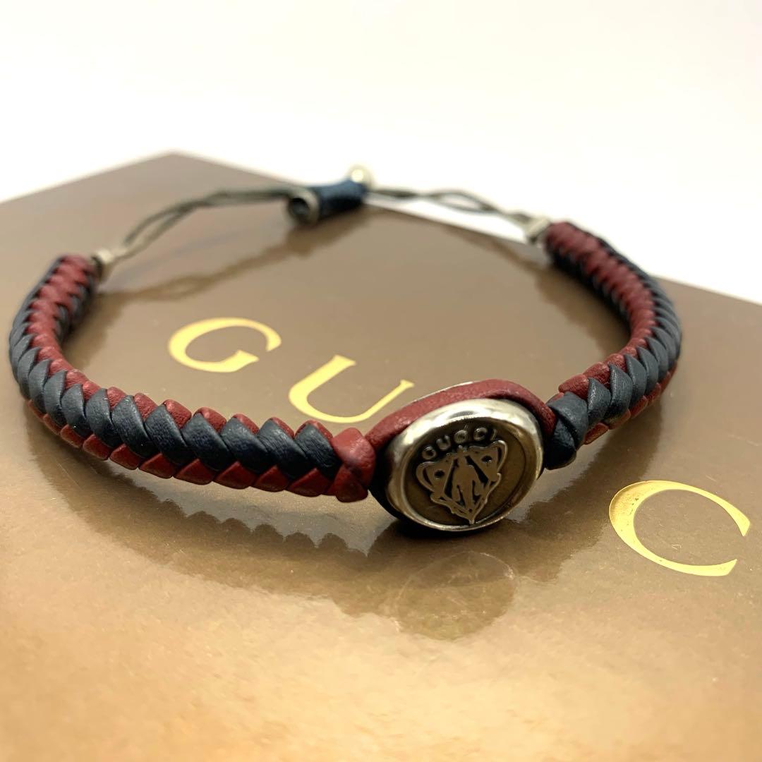 GUCCI グッチ 編み込み レザーブレスレット メンズ 正規品 ブラック 赤
