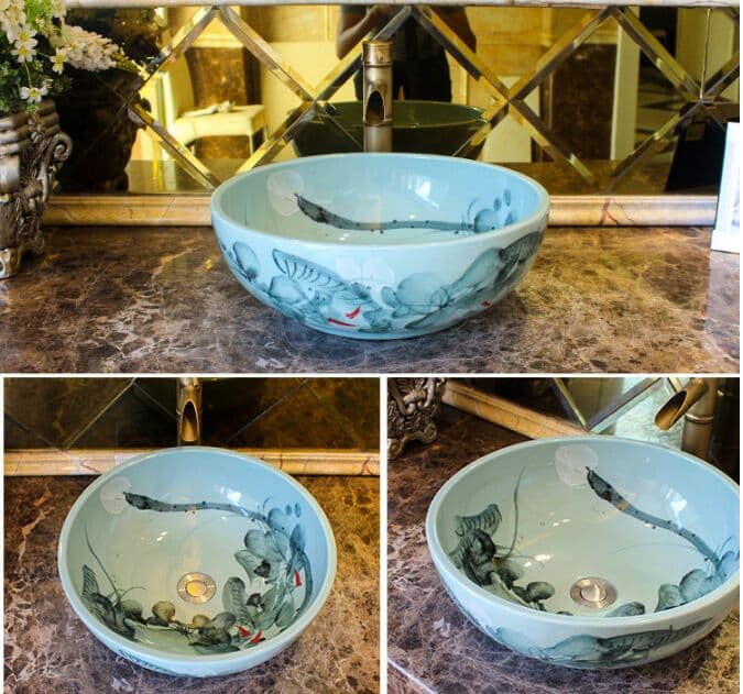 台の上の鉢 \r 陶磁器 \r \r 円形  単鉢 \r ヨーロッパ式 \r 復古 洗面台