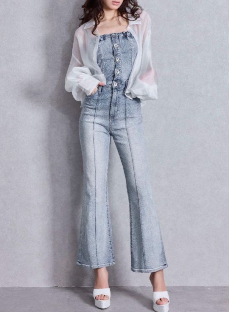 GYDA BACKリボンデニムロンパース ライトブルー