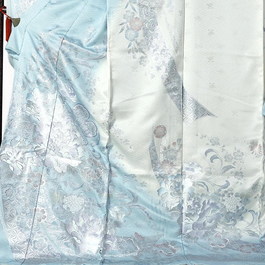 専用　ご予約　振袖　未仕立て　仮絵羽　アイスブルー　牡丹　桜　熨斗目　銀彩加工