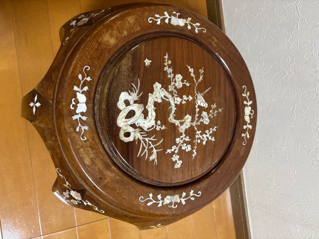 【美品】花梨 螺鈿細工 丸椅子 スツール 腰掛け 中国美術 工芸品 レトロ
