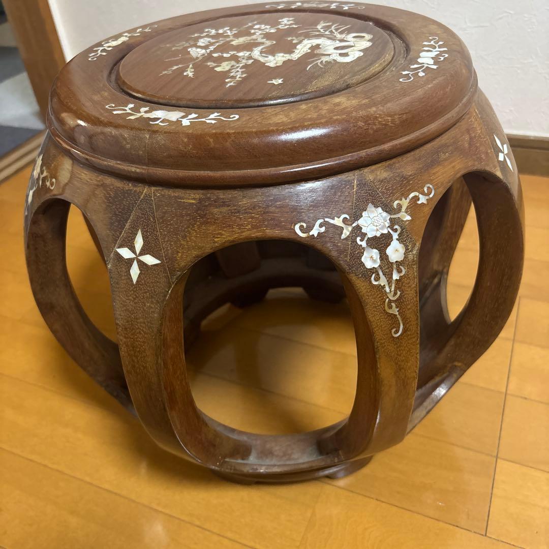 【美品】花梨 螺鈿細工 丸椅子 スツール 腰掛け 中国美術 工芸品 レトロ