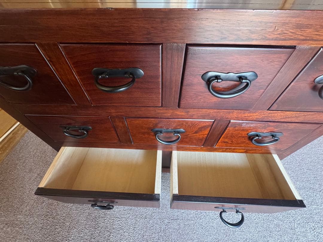 銘木アンティーク調木製タンス 9引き出し