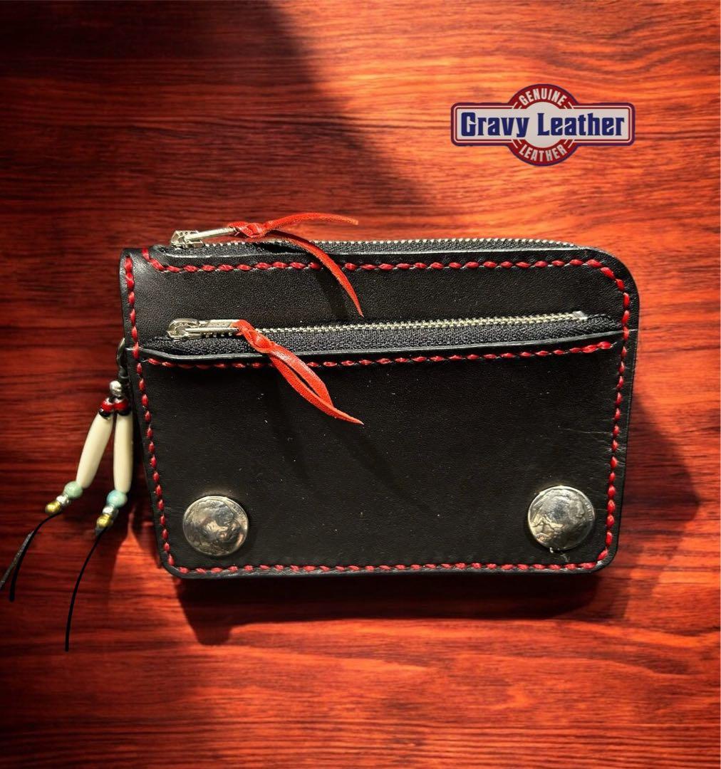Gravy Leather ダブルジップ 本革 ミニウォレット 黒 赤 小銭入れ