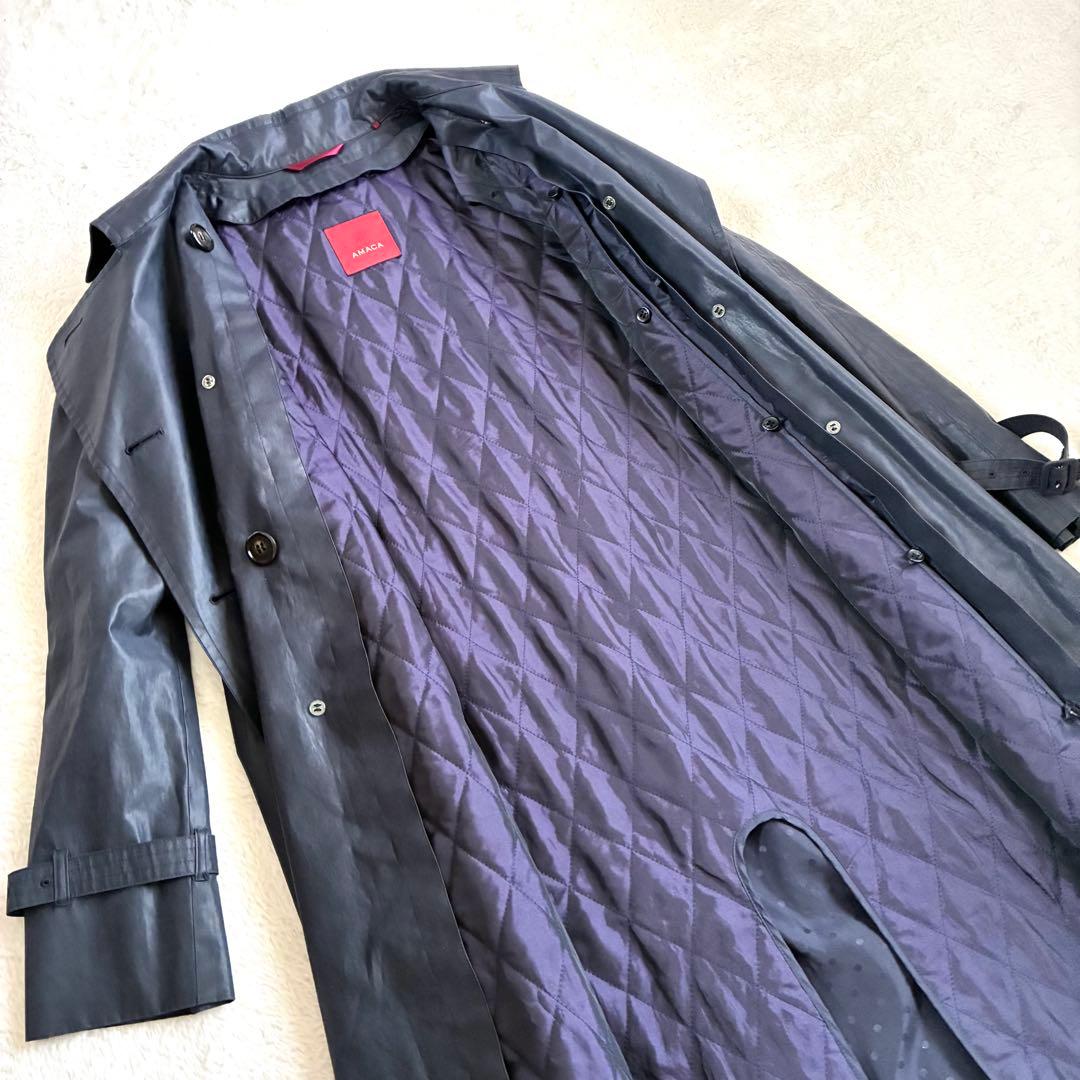 アマカ 万能トレンチコート ライナー ベルト付 光沢ネイビー 日本製 Lサイズ