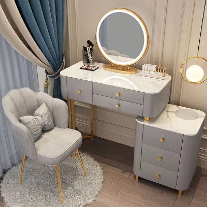 北欧風  ホワイト100cmオシャレドレッサーお姫系　大理石天板 LEDミラー