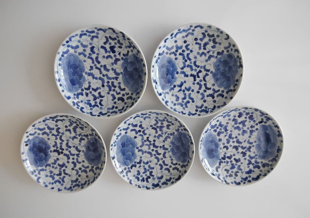 唐草牡丹絵　五寸皿(5枚) 　手造　手描　山口洋一　作家物　有田焼