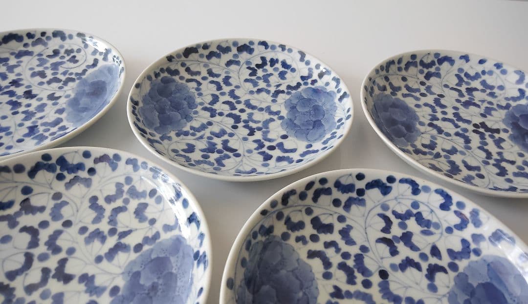 唐草牡丹絵　五寸皿(5枚) 　手造　手描　山口洋一　作家物　有田焼