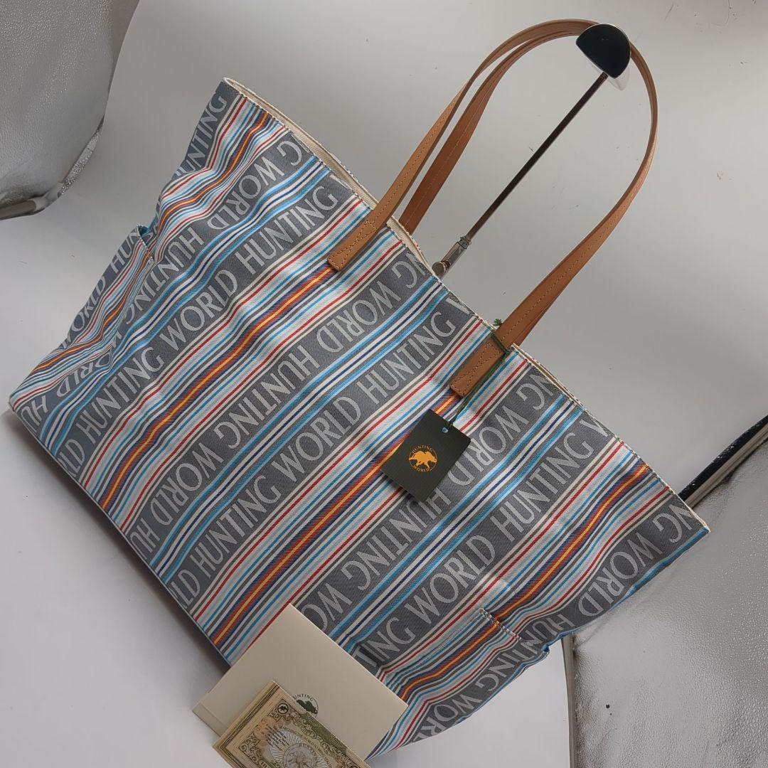 未使用 ハンティングワールド トートバッグ マルチカラー ロゴ ストライプ タグ
