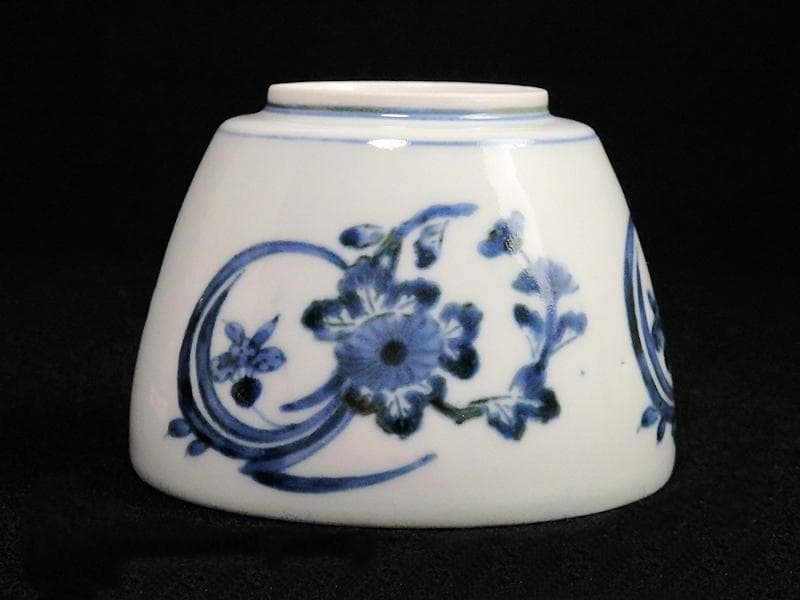 古伊万里　藍九谷　菊に蘭の図　大振蕎麦猪口　江戸中期　C552AS-BKc