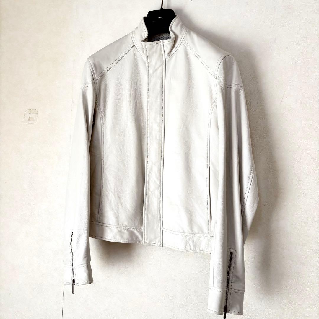 【美品】Zegna スタンドカラーシングルレザージャケット ホワイト白 革ジャン