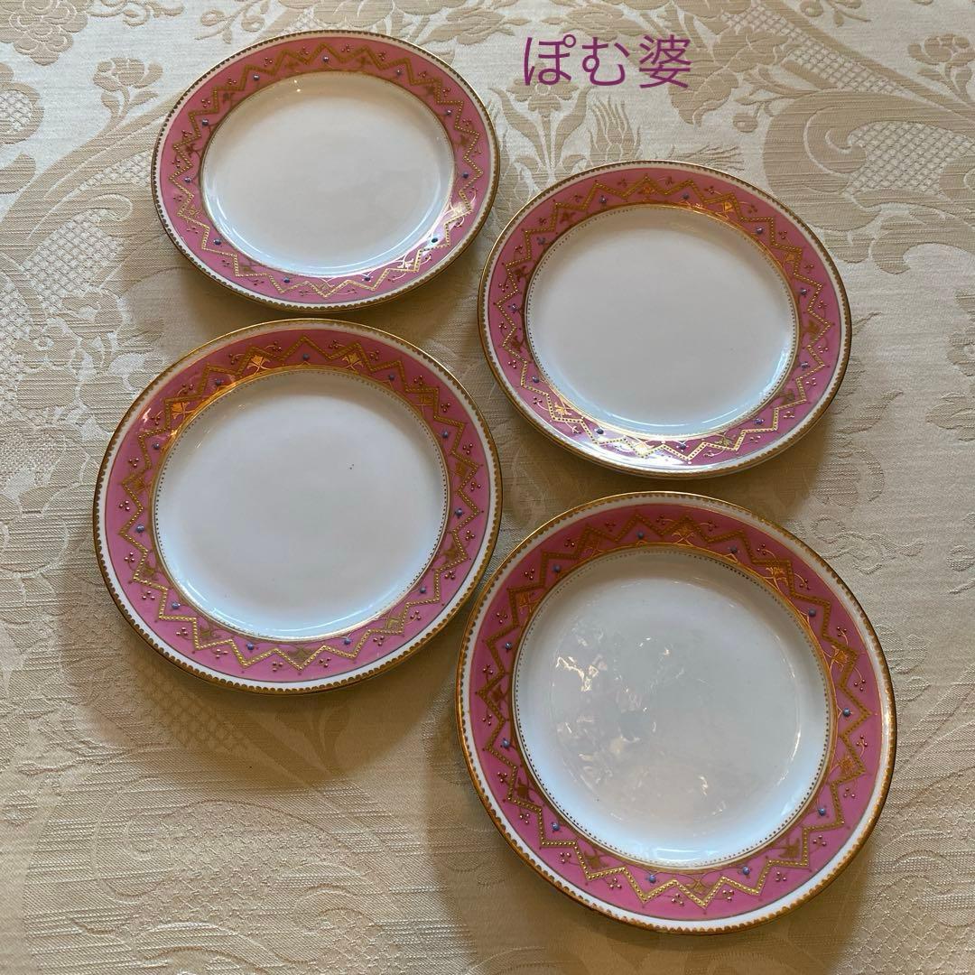 【英国／窯不明】金彩 金盛 エナメル／デザート皿 プレート ４枚セット