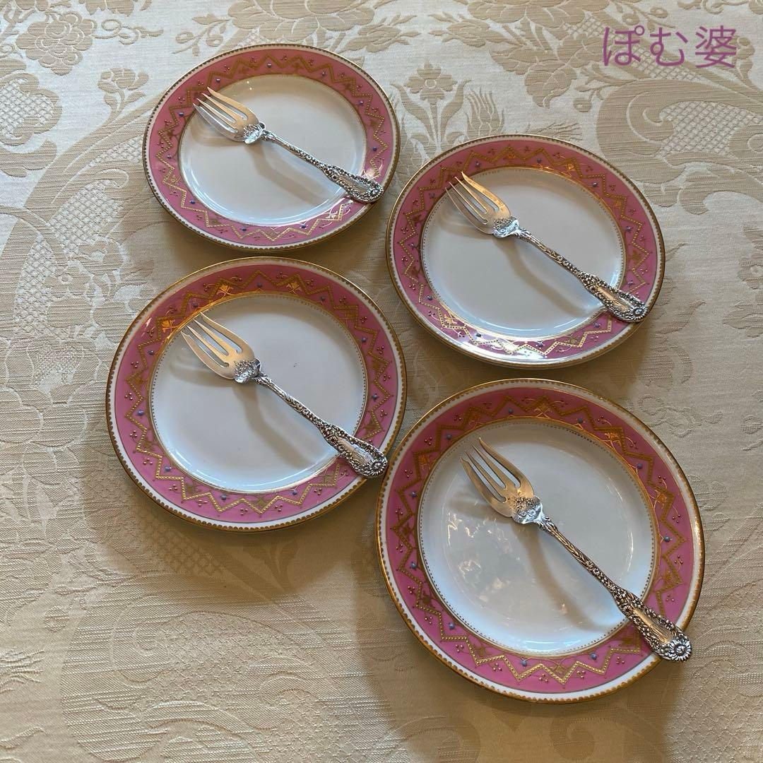 【英国／窯不明】金彩 金盛 エナメル／デザート皿 プレート ４枚セット