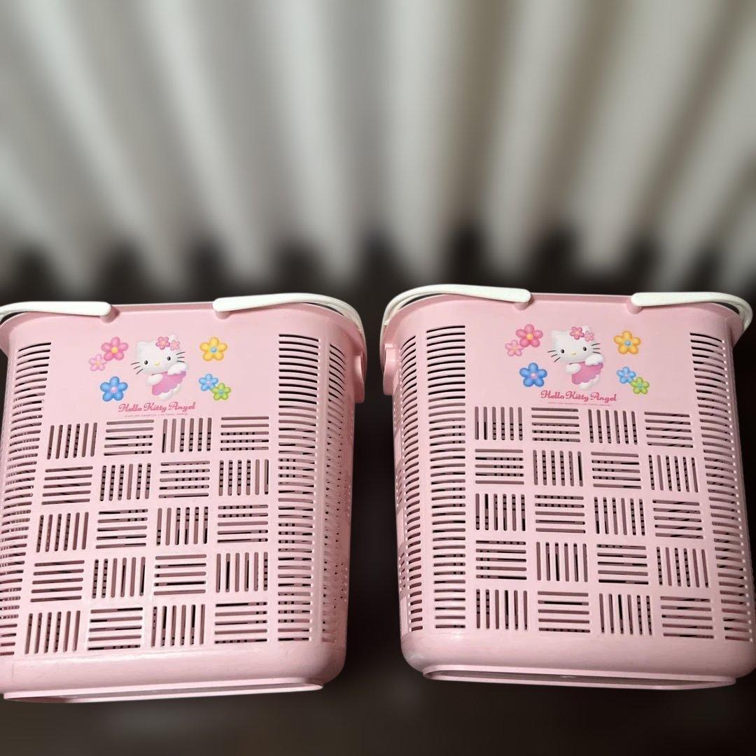 キティちゃん ピンクの花柄バスケット2個セット 洗濯バスケット 洗濯かご