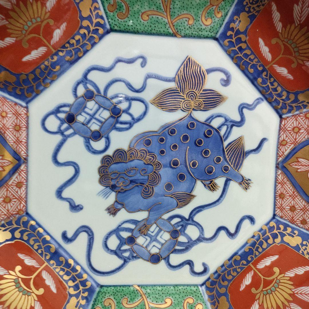 【未使用品】林九郎 有田焼 染錦獅子牡丹面取型鉢 預け鉢 八角皿 金蘭手