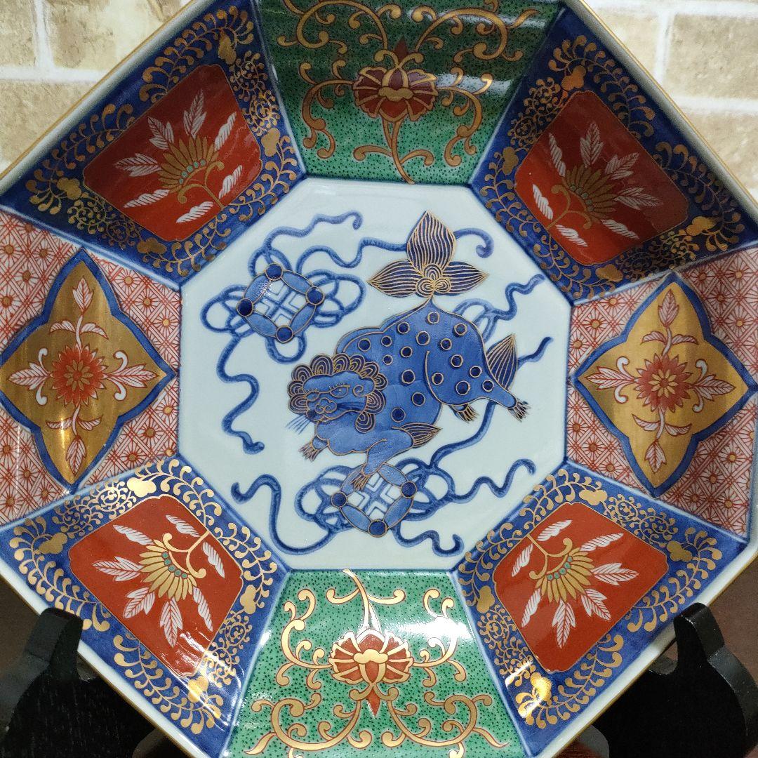 【未使用品】林九郎 有田焼 染錦獅子牡丹面取型鉢 預け鉢 八角皿 金蘭手