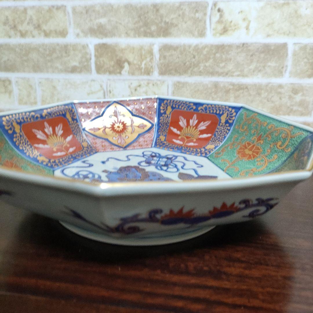 【未使用品】林九郎 有田焼 染錦獅子牡丹面取型鉢 預け鉢 八角皿 金蘭手