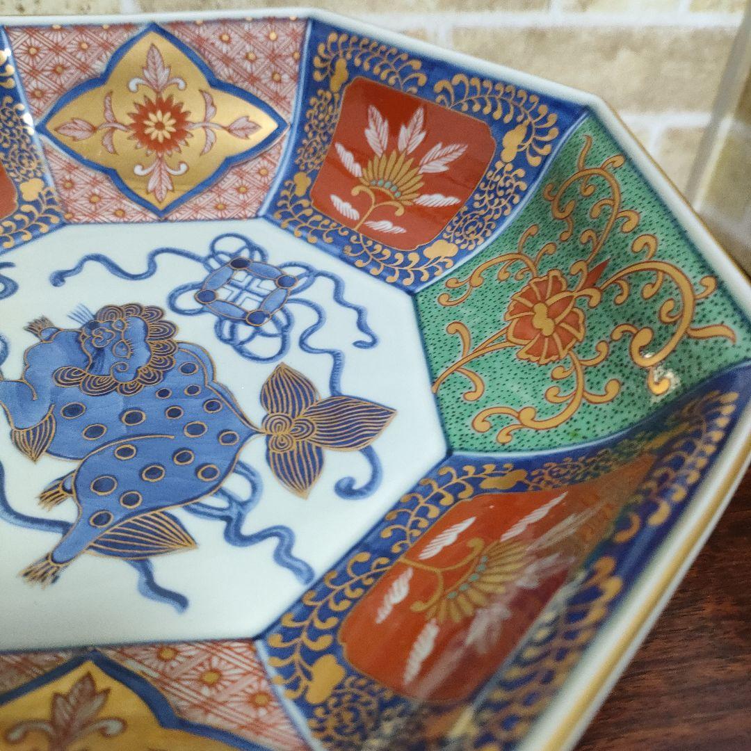 【未使用品】林九郎 有田焼 染錦獅子牡丹面取型鉢 預け鉢 八角皿 金蘭手