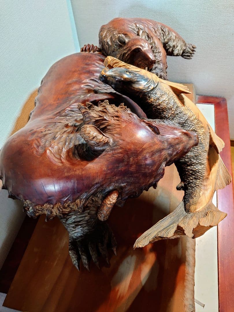 木彫り一刀彫り　親子熊　オブジェ