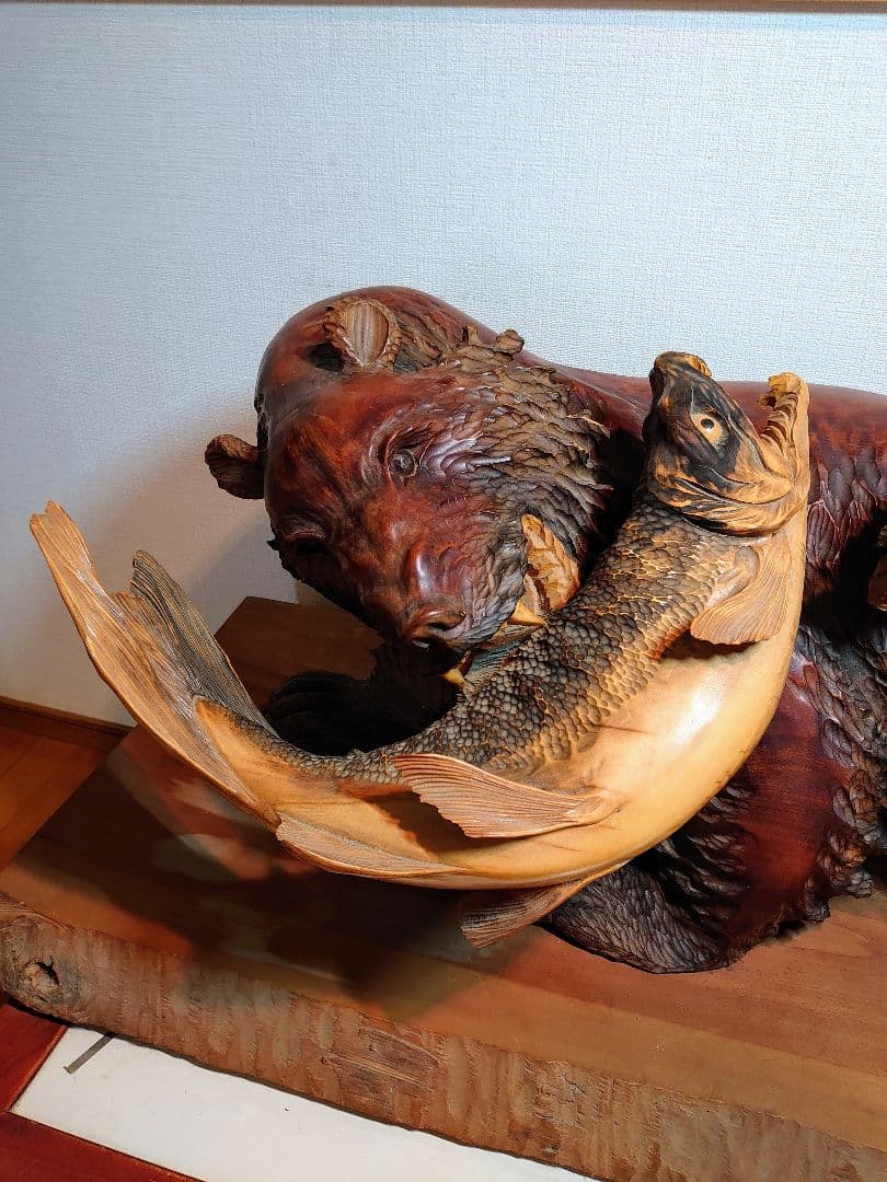 木彫り一刀彫り　親子熊　オブジェ