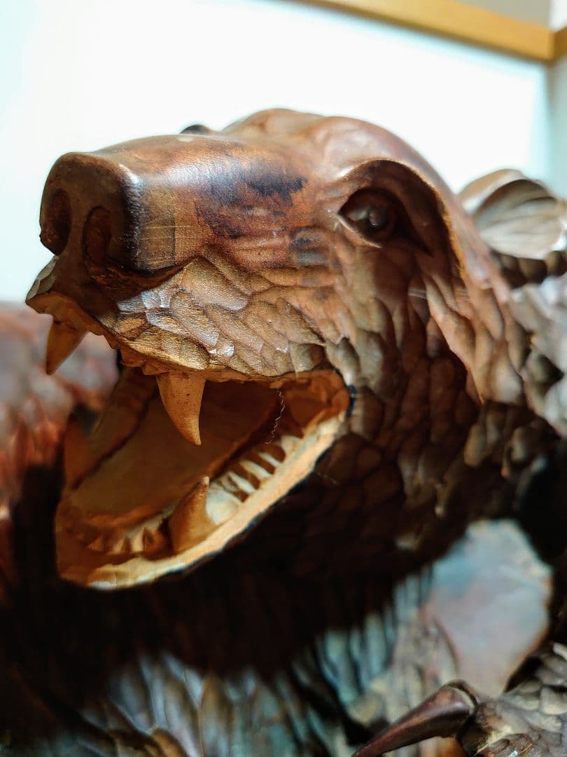 木彫り一刀彫り　親子熊　オブジェ